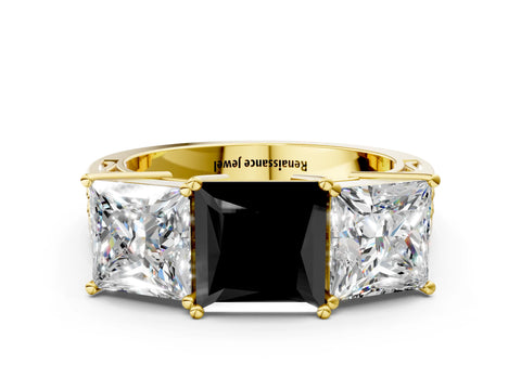 Yellow gold Fancy Black Princess Cut Diamond Three-Stone Ring with Prong Setting and Textured Band
