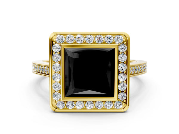 Yellow gold Fancy Black Princess Cut Halo Bezel Diamond Pave Band Ring
