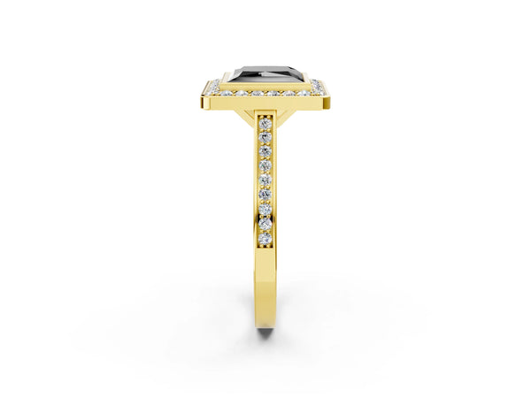 Yellow gold Fancy Black Princess Cut Halo Bezel Diamond Pave Band Ring
