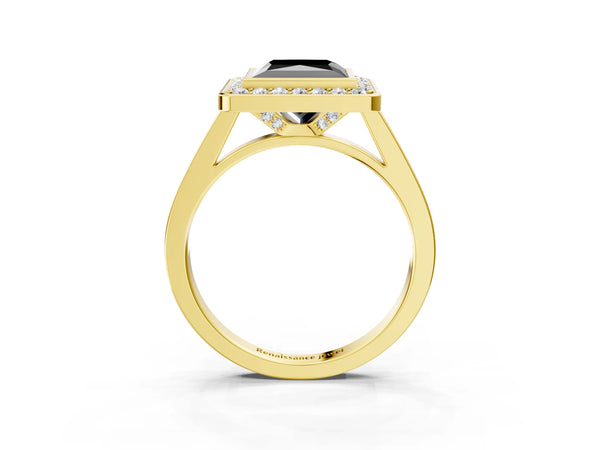 Yellow gold Fancy Black Princess Cut Halo Bezel Diamond Pave Band Ring