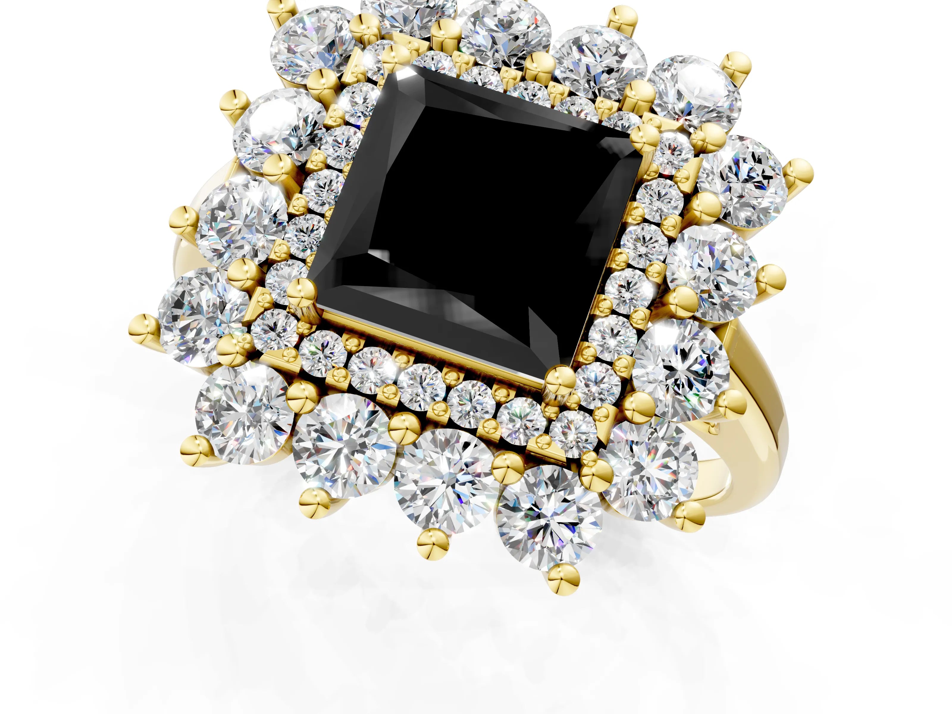 Yellow gold Fancy Black Princess Cut Halo Cluster Diamond Ring with Pave Band and Four-Prong Setting_1