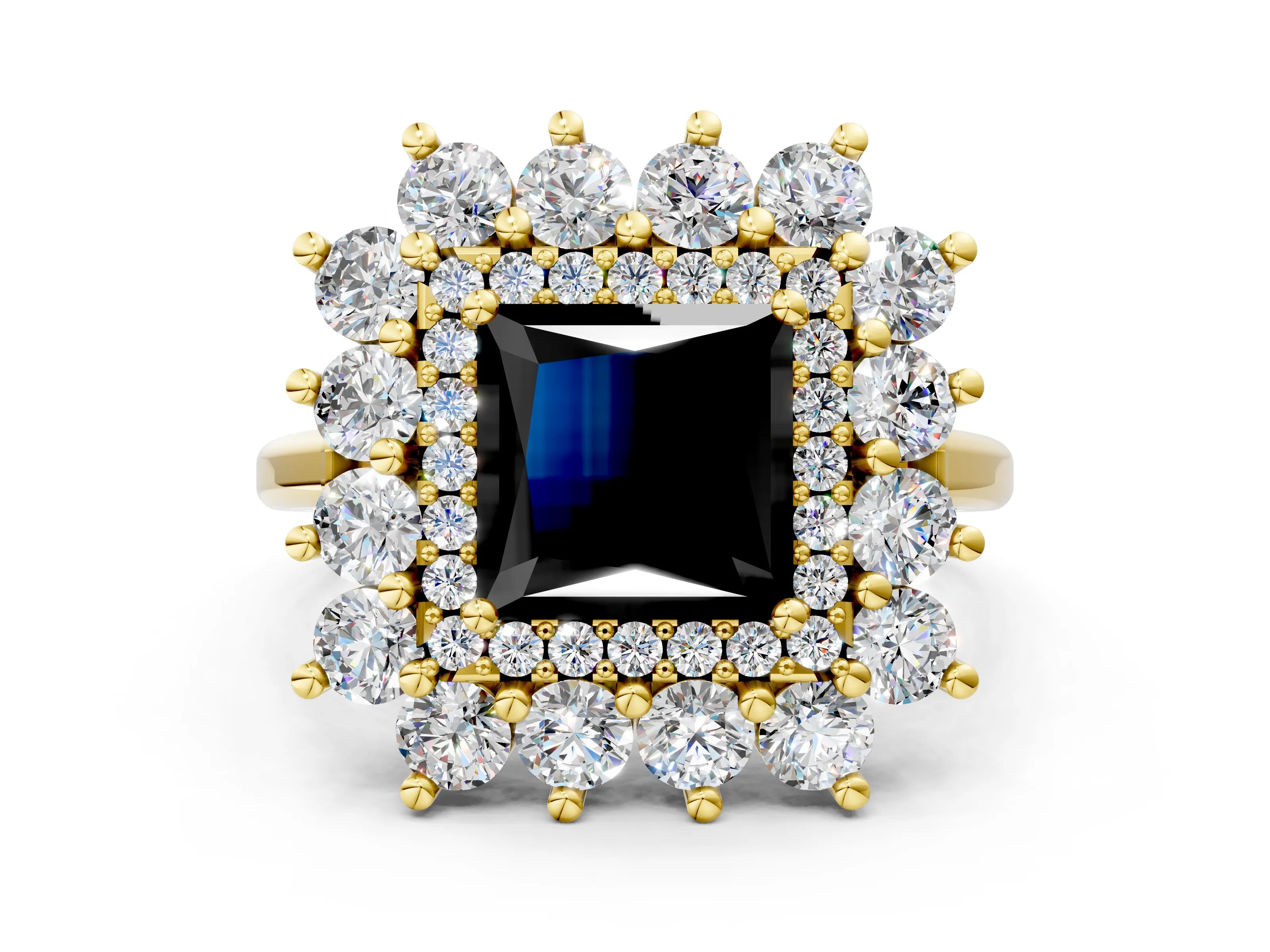 Yellow gold Fancy Black Princess Cut Halo Cluster Diamond Ring with Pave Band and Four-Prong Setting_12