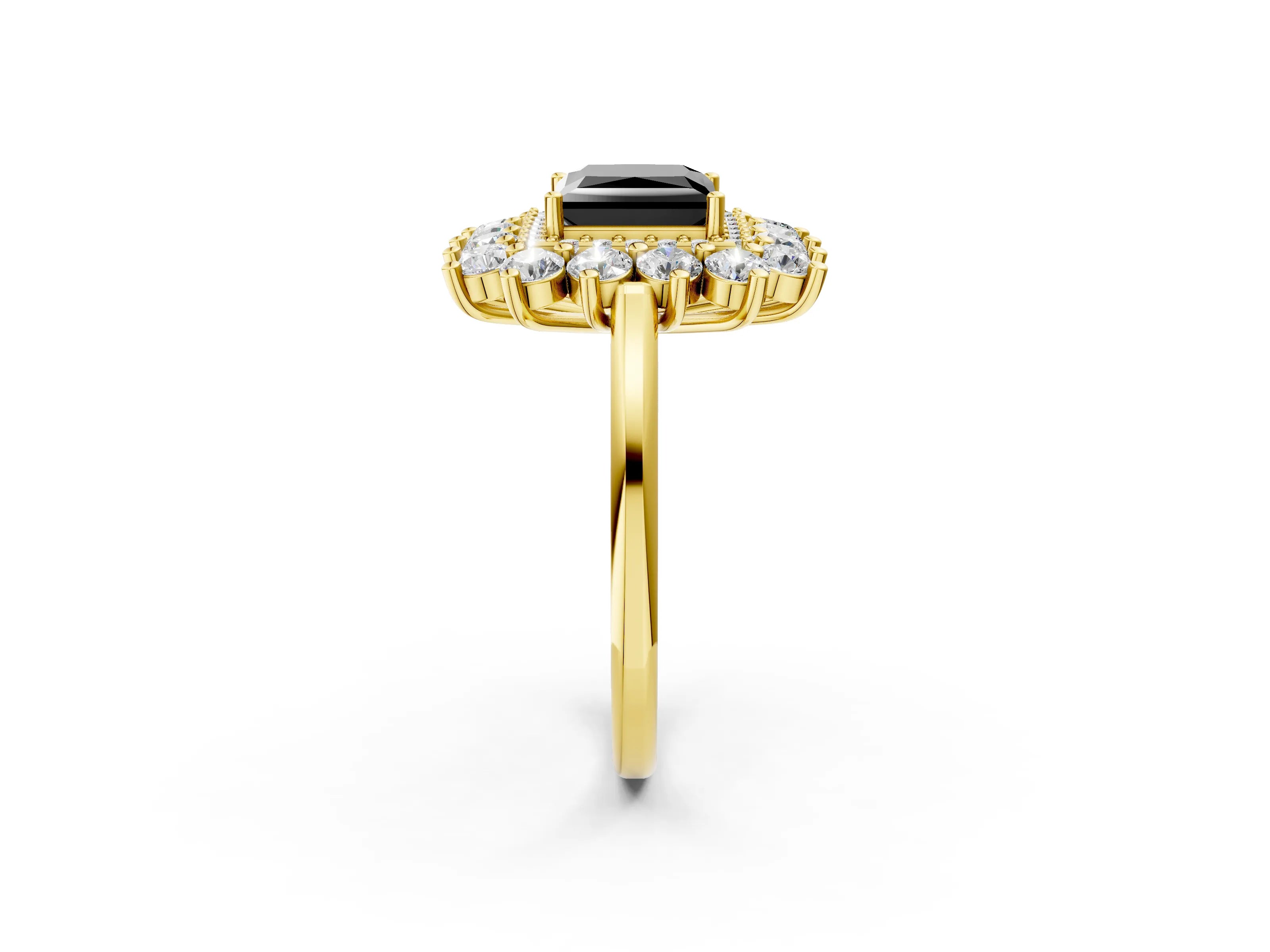 Yellow gold Fancy Black Princess Cut Halo Cluster Diamond Ring with Pave Band and Four-Prong Setting_14