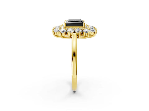 Yellow gold Fancy Black Princess Cut Halo Cluster Diamond Ring with Pave Band and Four-Prong Setting_14
