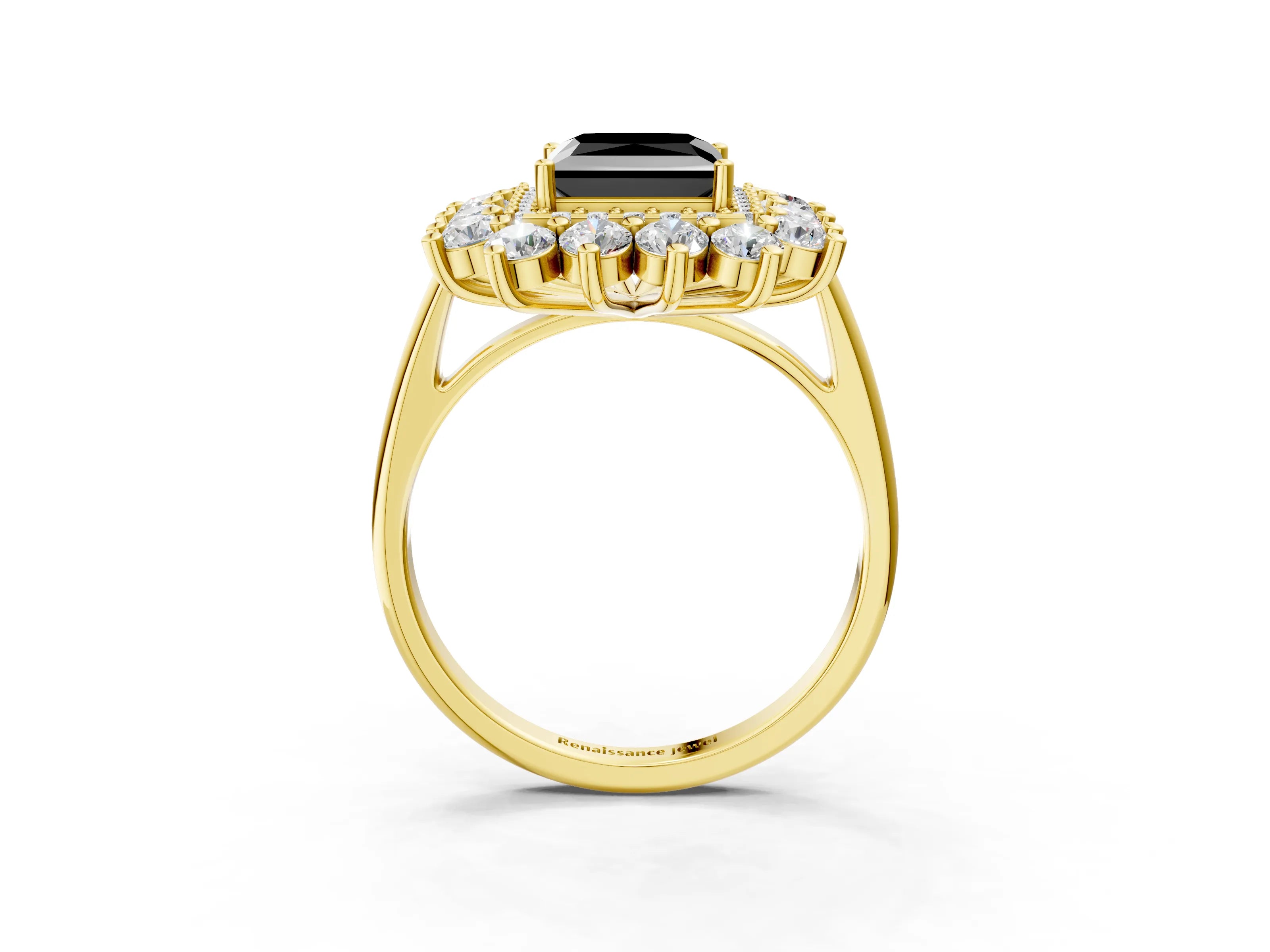 Yellow gold Fancy Black Princess Cut Halo Cluster Diamond Ring with Pave Band and Four-Prong Setting_15