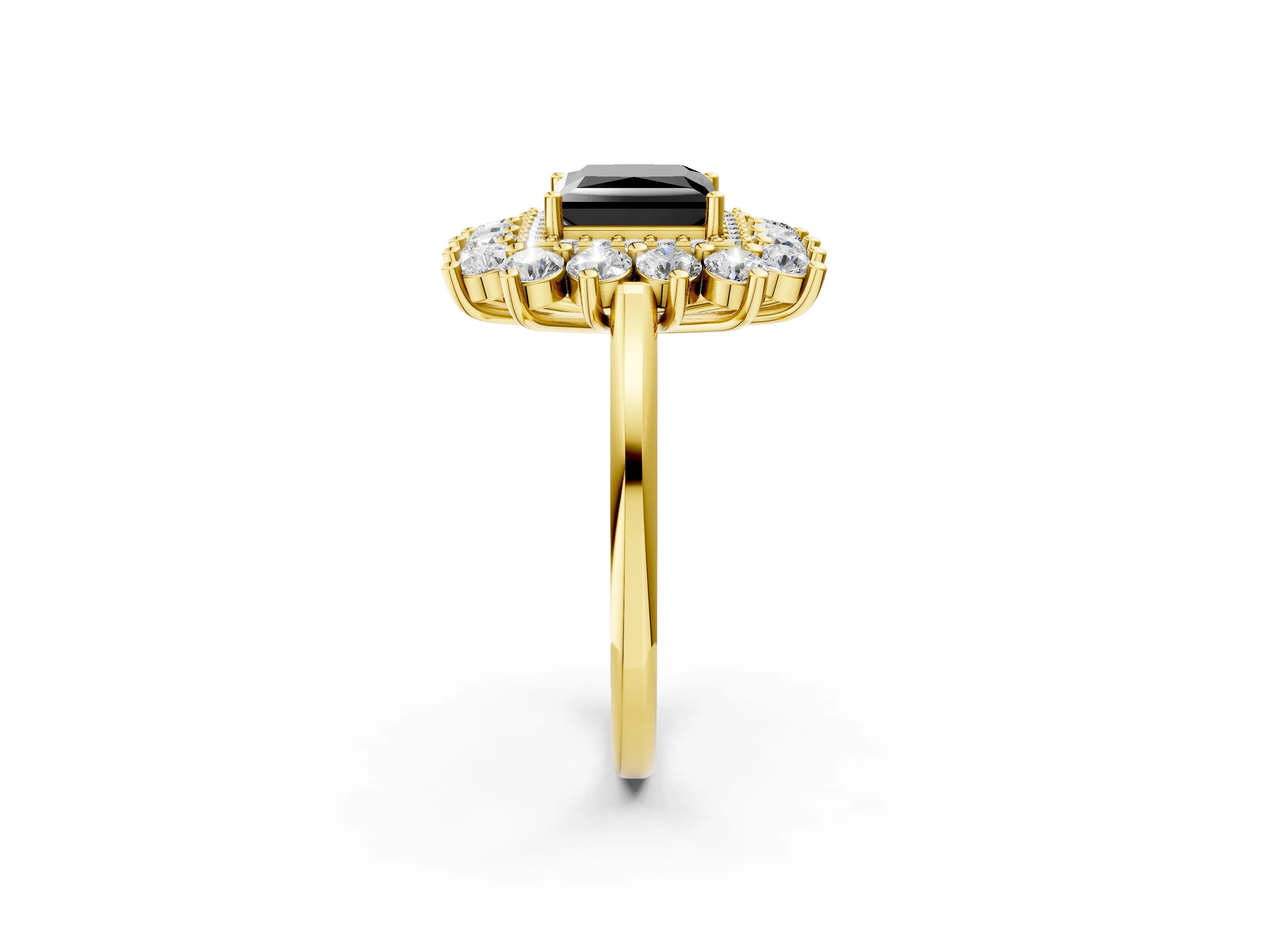 Yellow gold Fancy Black Princess Cut Halo Cluster Diamond Ring with Pave Band and Four-Prong Setting_2