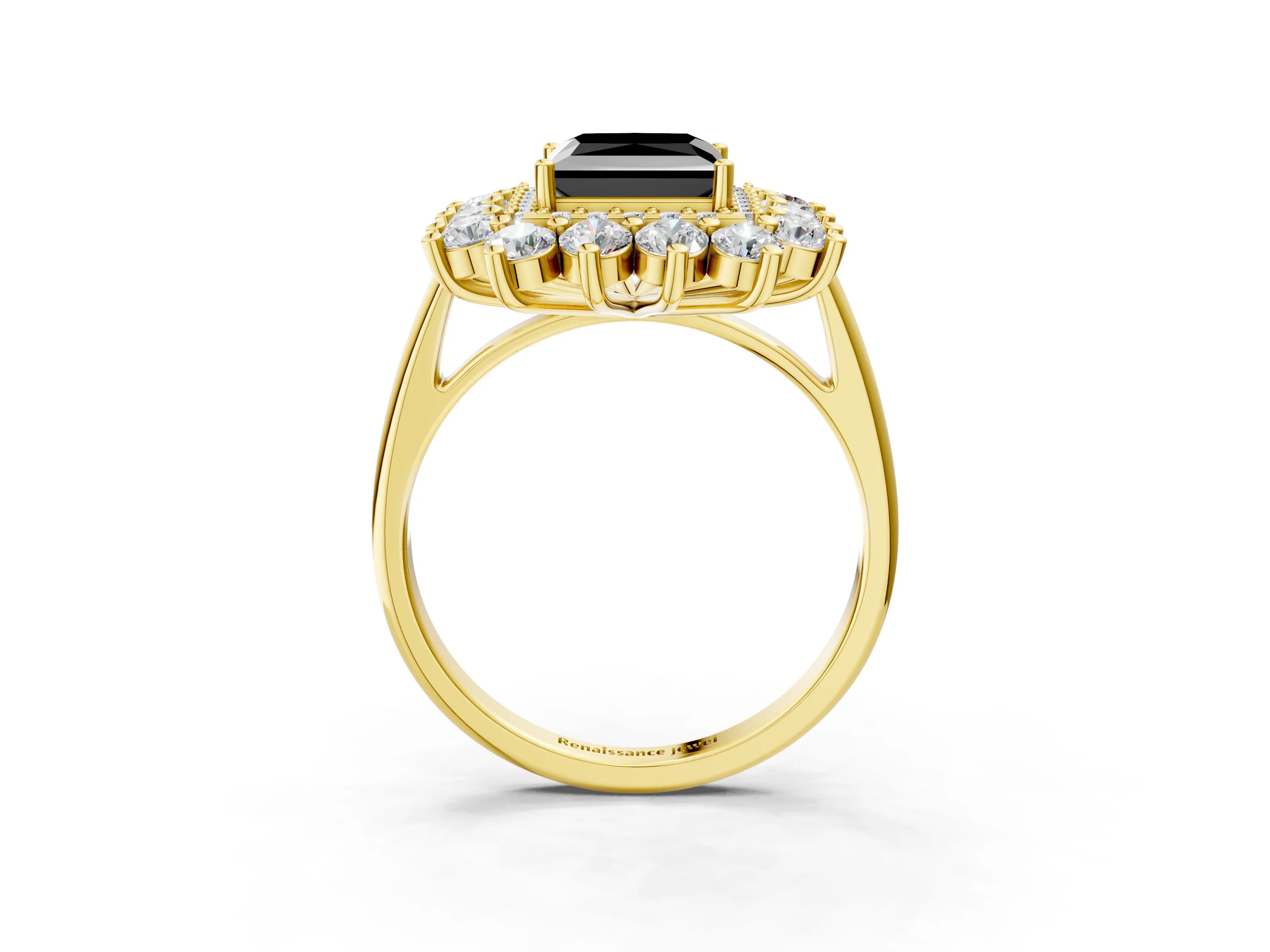 Yellow gold Fancy Black Princess Cut Halo Cluster Diamond Ring with Pave Band and Four-Prong Setting_3