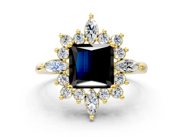 Yellow gold Fancy Black Princess Cut Starburst Halo Engagement Ring Setting with Marquise and Round Accents