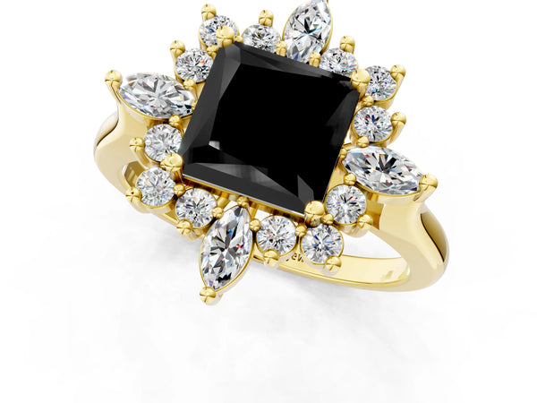 Yellow gold Fancy Black Princess Cut Starburst Halo Engagement Ring Setting with Marquise and Round Accents