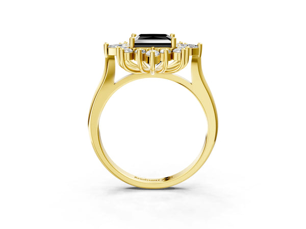 Yellow gold Fancy Black Princess Cut Starburst Halo Engagement Ring Setting with Marquise and Round Accents