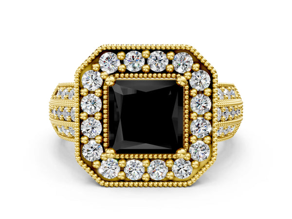 Yellow gold Fancy Black Princess Cut Halo Diamond Engagement Ring with Pave Split Shank and Four-Prong Setting