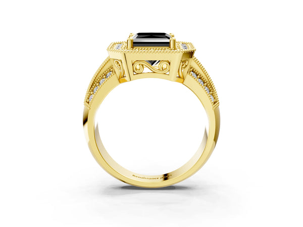 Yellow gold Fancy Black Princess Cut Halo Diamond Engagement Ring with Pave Split Shank and Four-Prong Setting