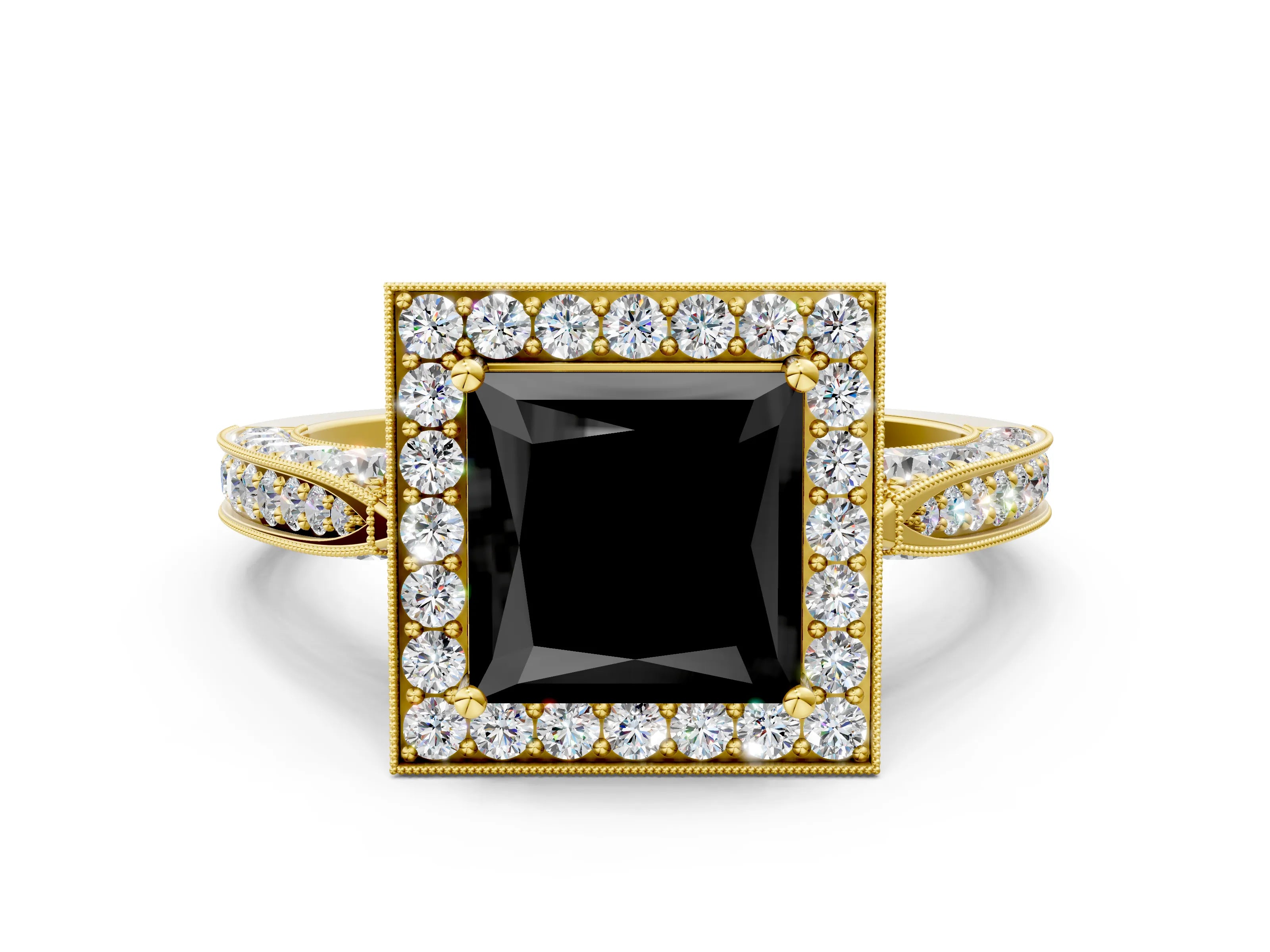 Yellow gold Fancy Black Princess Cut Halo Diamond Engagement Ring with Split Shank Band and Four-Prong Setting