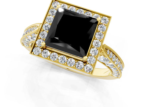 Yellow gold Fancy Black Princess Cut Halo Diamond Engagement Ring with Split Shank Band and Four-Prong Setting_1