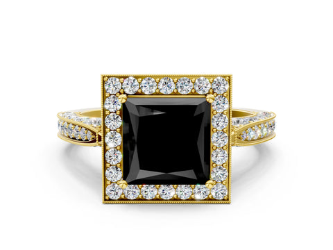 Yellow gold Fancy Black Princess Cut Halo Diamond Engagement Ring with Split Shank Band and Four-Prong Setting