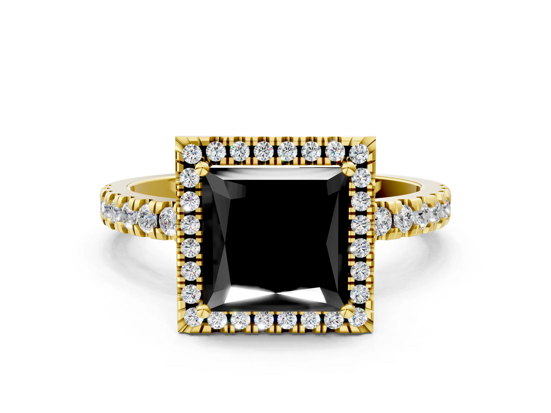 Yellow gold Fancy Black Princess Cut Halo Diamond Pave Band with Prong Setting
