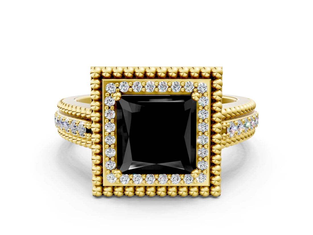 Yellow gold Fancy Black Princess Cut Halo Diamond Ring with Beaded Split Shank and Four-Prong Setting