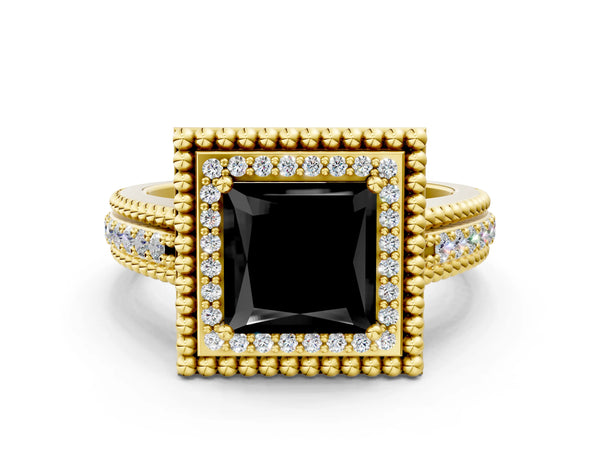 Yellow Gold Princess Cut Beaded Halo Engagement Ring Setting for Black Center with Pave