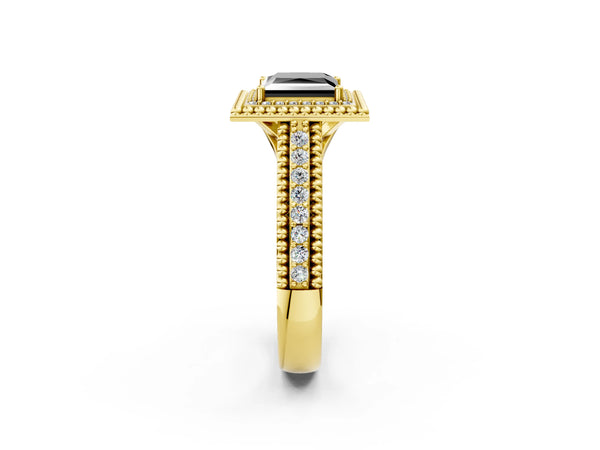 Yellow Gold Princess Cut Beaded Halo Engagement Ring Setting for Black Center with Pave