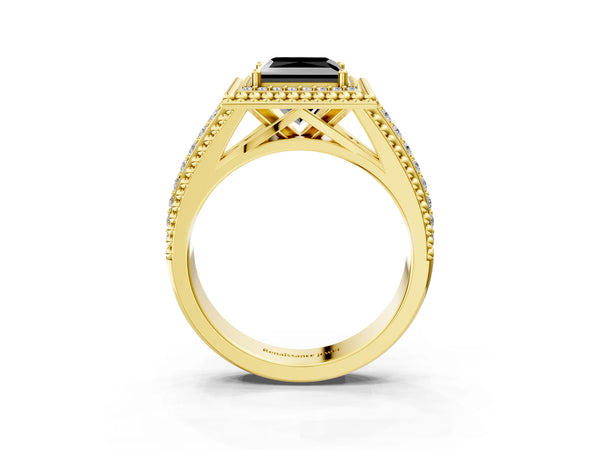 Yellow Gold Princess Cut Beaded Halo Engagement Ring Setting for Black Center with Pave
