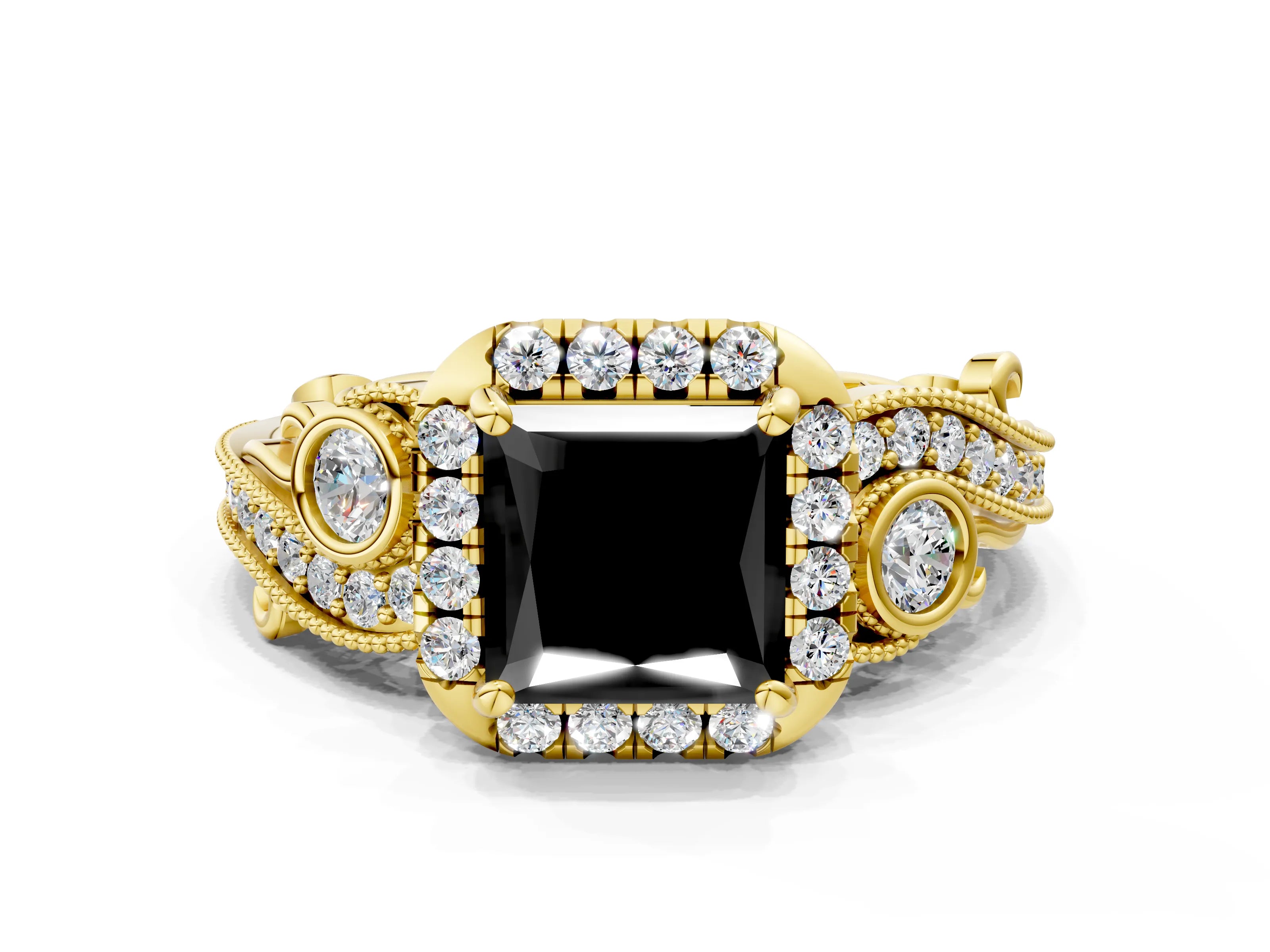 Yellow gold Fancy Black Princess Cut Halo Diamond Ring with Milgrain and Bezel Accents on a Split Shank Band