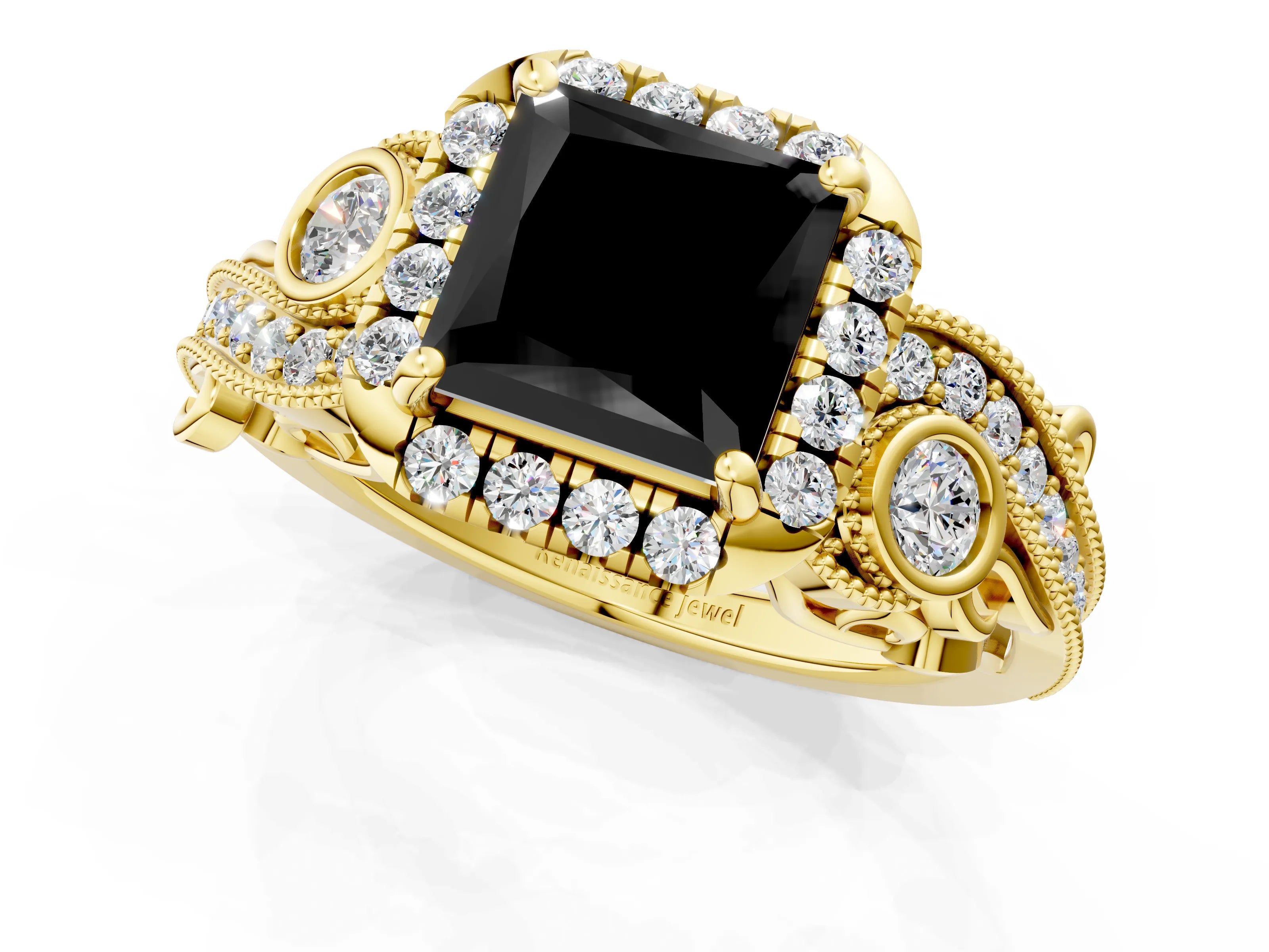 Yellow gold Fancy Black Princess Cut Halo Diamond Ring with Milgrain and Bezel Accents on a Split Shank Band_1