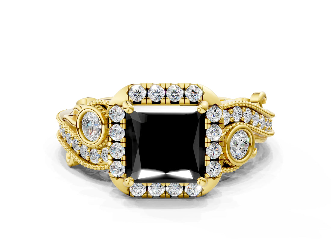 Yellow gold Fancy Black Princess Cut Halo Diamond Ring with Milgrain and Bezel Accents on a Split Shank Band_13