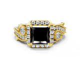 Yellow gold Fancy Black Princess Cut Halo Diamond Ring with Milgrain and Bezel Accents on a Split Shank Band_13