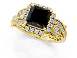 Yellow gold Fancy Black Princess Cut Halo Diamond Ring with Milgrain and Bezel Accents on a Split Shank Band_14