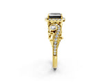 Yellow gold Fancy Black Princess Cut Halo Diamond Ring with Milgrain and Bezel Accents on a Split Shank Band_15