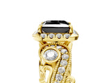 Yellow gold Fancy Black Princess Cut Halo Diamond Ring with Milgrain and Bezel Accents on a Split Shank Band_17