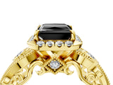Yellow gold Fancy Black Princess Cut Halo Diamond Ring with Milgrain and Bezel Accents on a Split Shank Band_17