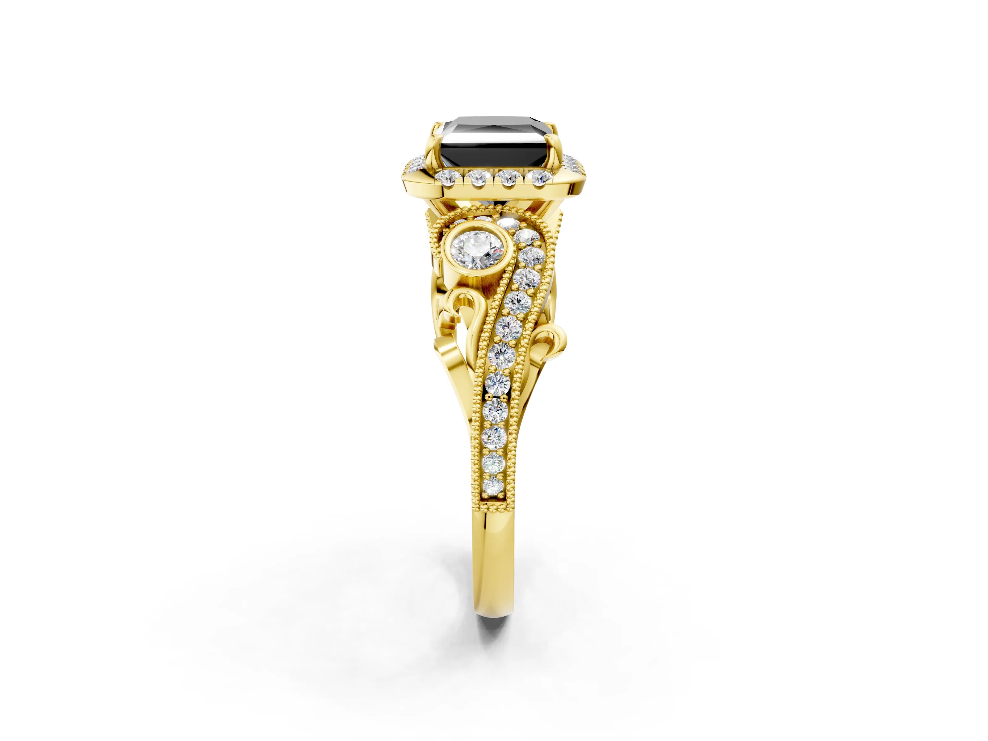 Yellow gold Fancy Black Princess Cut Halo Diamond Ring with Milgrain and Bezel Accents on a Split Shank Band_2