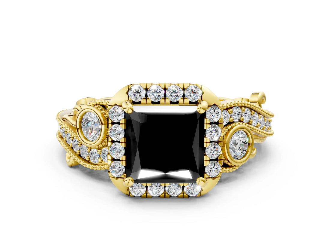 Yellow gold Fancy Black Princess Cut Halo Diamond Ring with Milgrain and Bezel Accents on a Split Shank Band_24