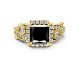 Yellow gold Fancy Black Princess Cut Halo Diamond Ring with Milgrain and Bezel Accents on a Split Shank Band_24
