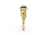 Yellow gold Fancy Black Princess Cut Halo Diamond Ring with Milgrain and Bezel Accents on a Split Shank Band_26