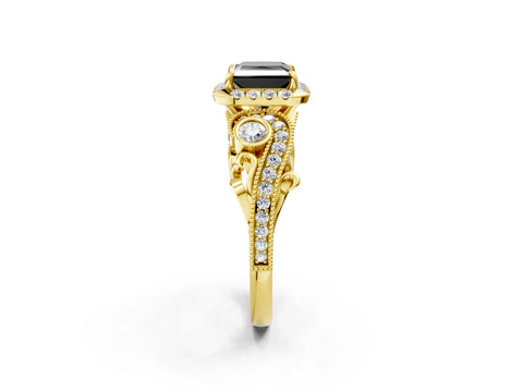 Yellow gold Fancy Black Princess Cut Halo Diamond Ring with Milgrain and Bezel Accents on a Split Shank Band_2