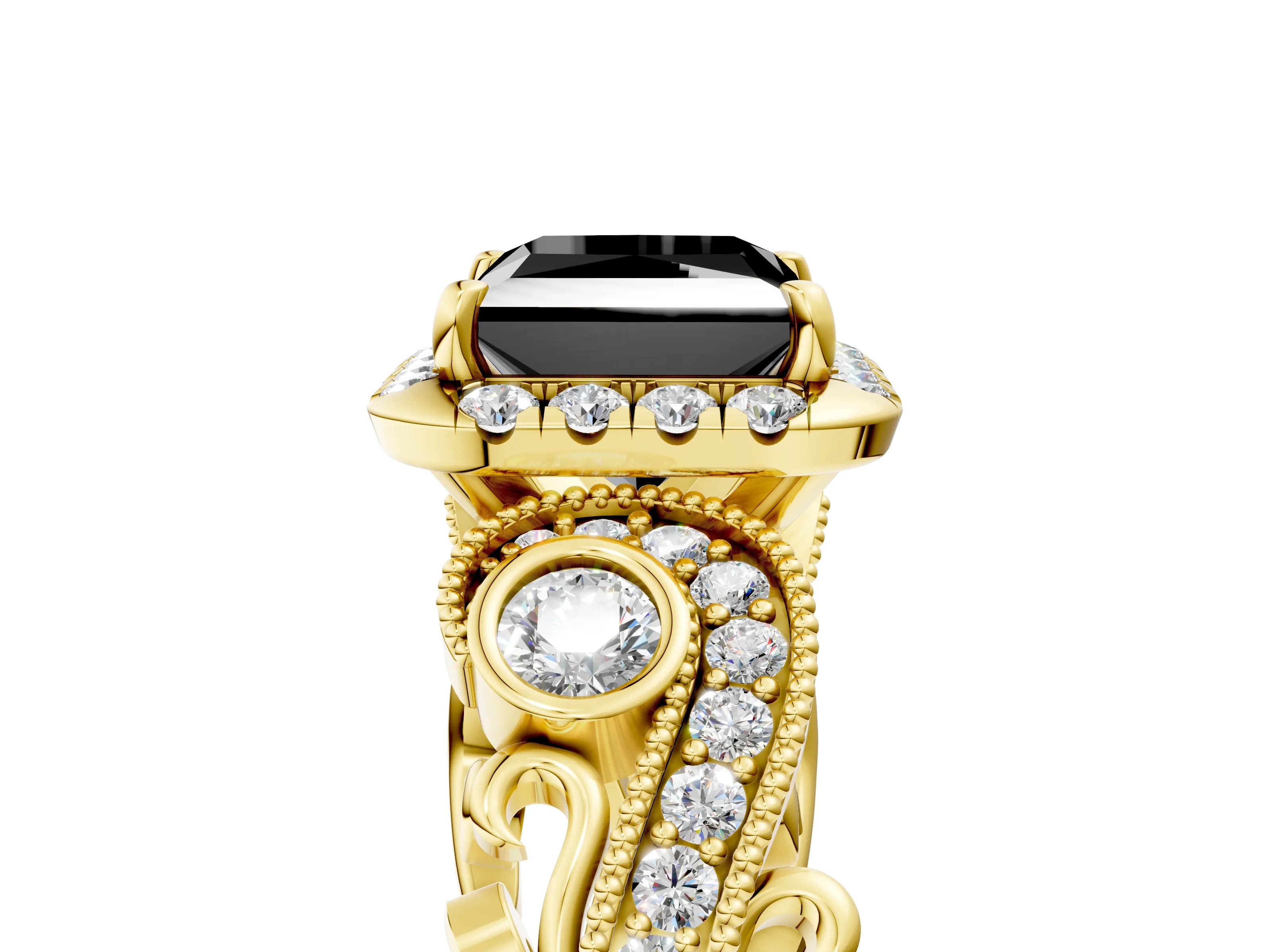 Yellow gold Fancy Black Princess Cut Halo Diamond Ring with Milgrain and Bezel Accents on a Split Shank Band_5