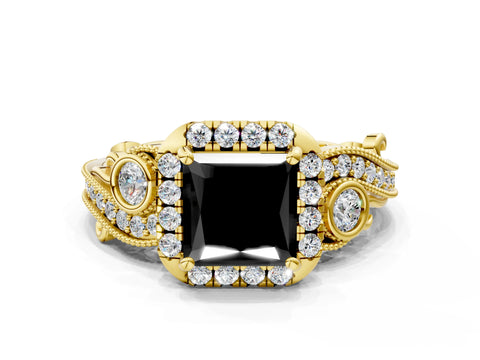 Yellow gold Fancy Black Princess Cut Halo Diamond Ring with Milgrain and Bezel Accents on a Split Shank Band