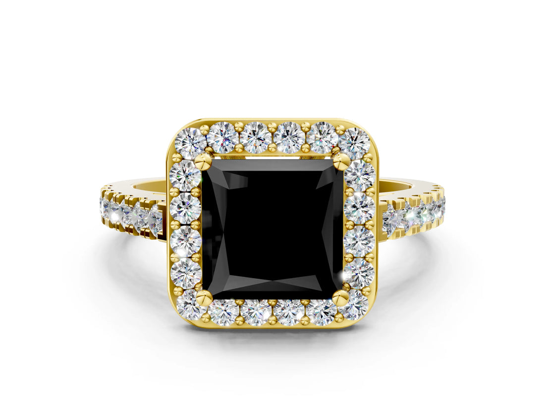 Yellow gold Fancy Black Princess Cut Halo Diamond Ring with Pavé Band and Three-Prong Setting