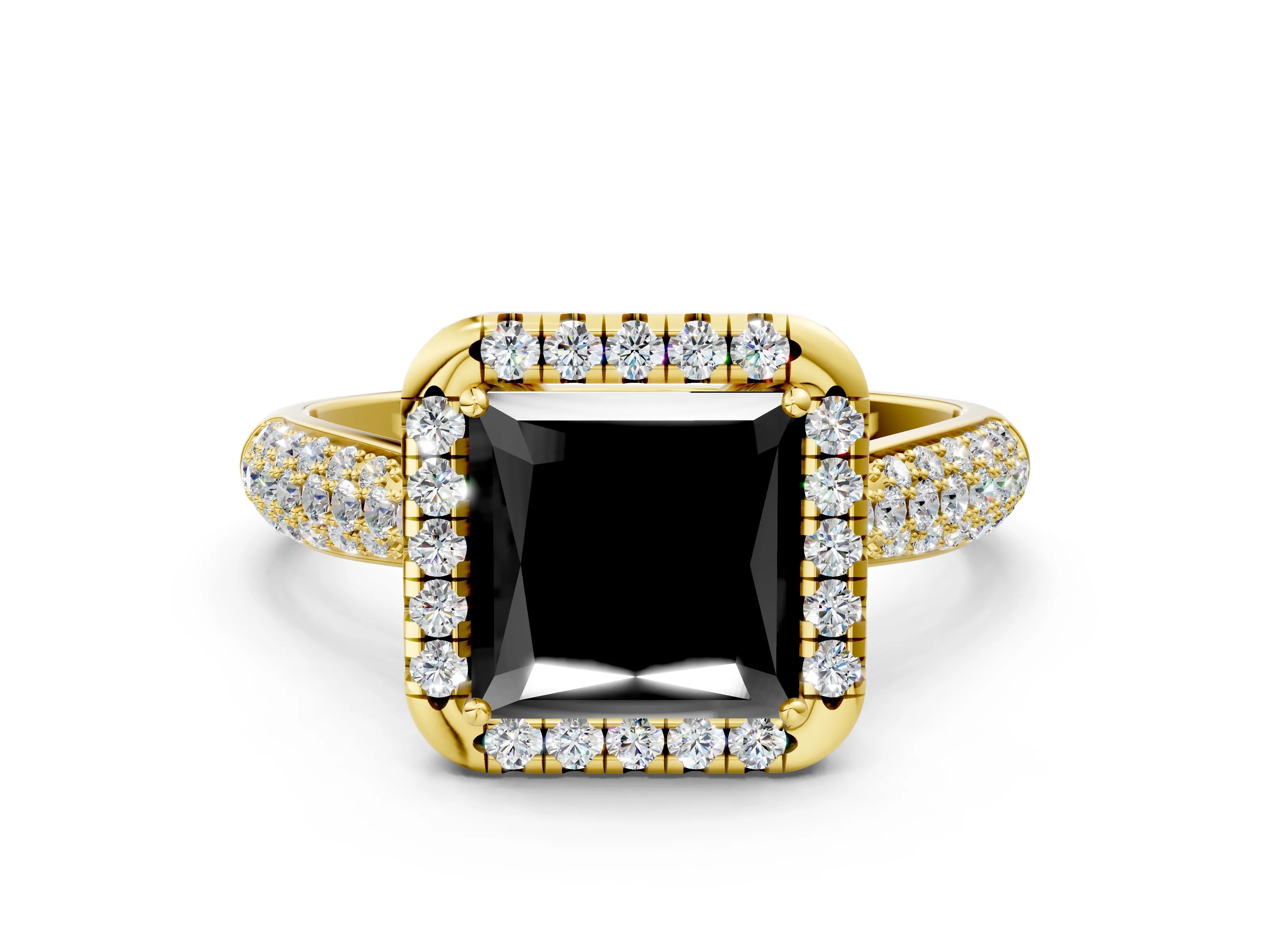 Yellow gold Fancy Black Princess Cut Halo Diamond Ring with Pavé Band