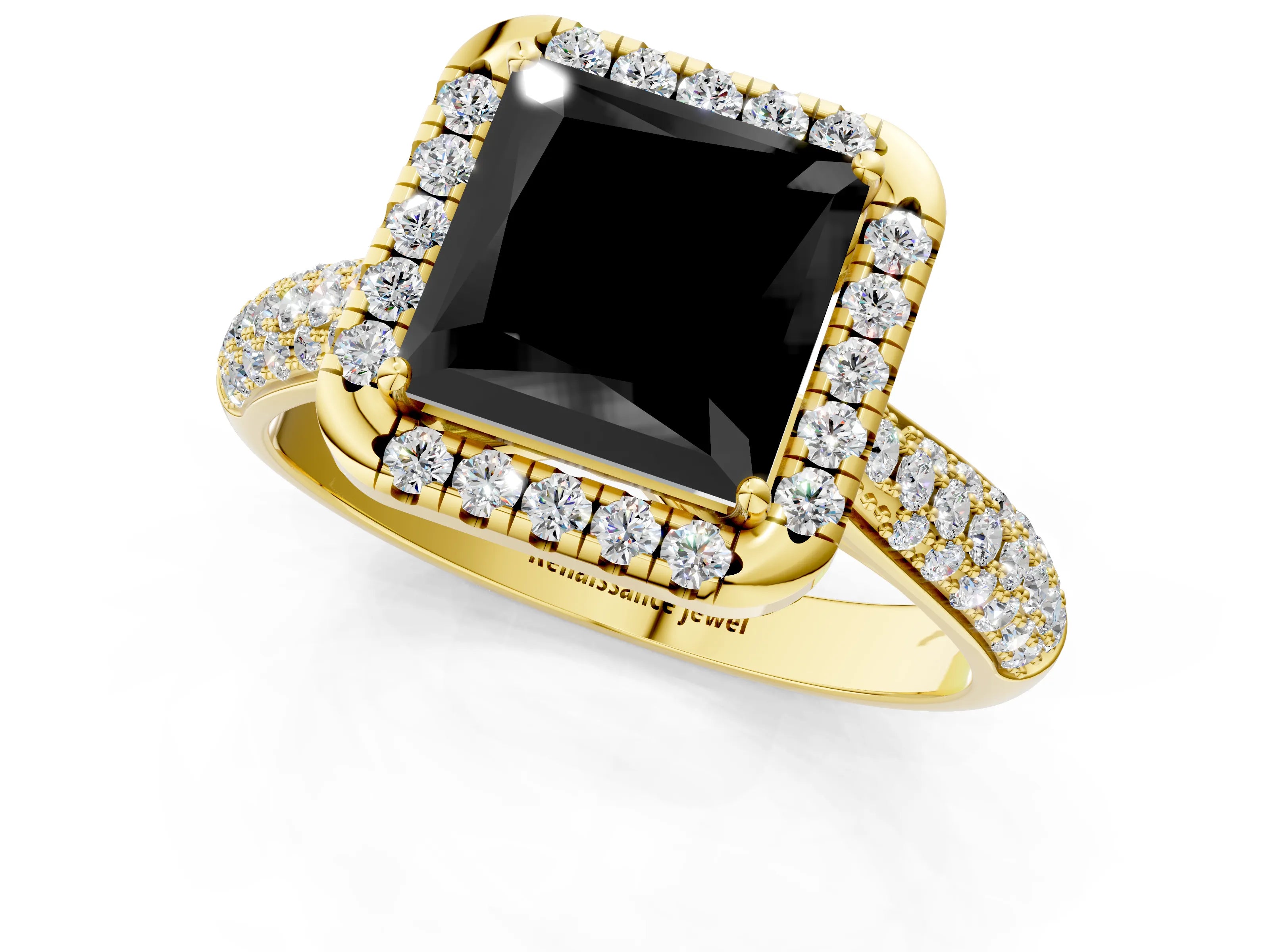 Yellow gold Fancy Black Princess Cut Halo Diamond Ring with Pavé Band_1