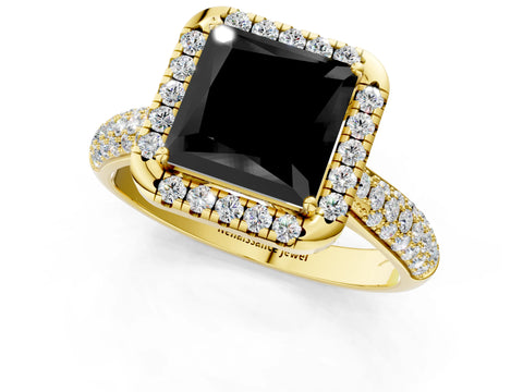 Yellow gold Fancy Black Princess Cut Halo Diamond Ring with Pavé Band_1