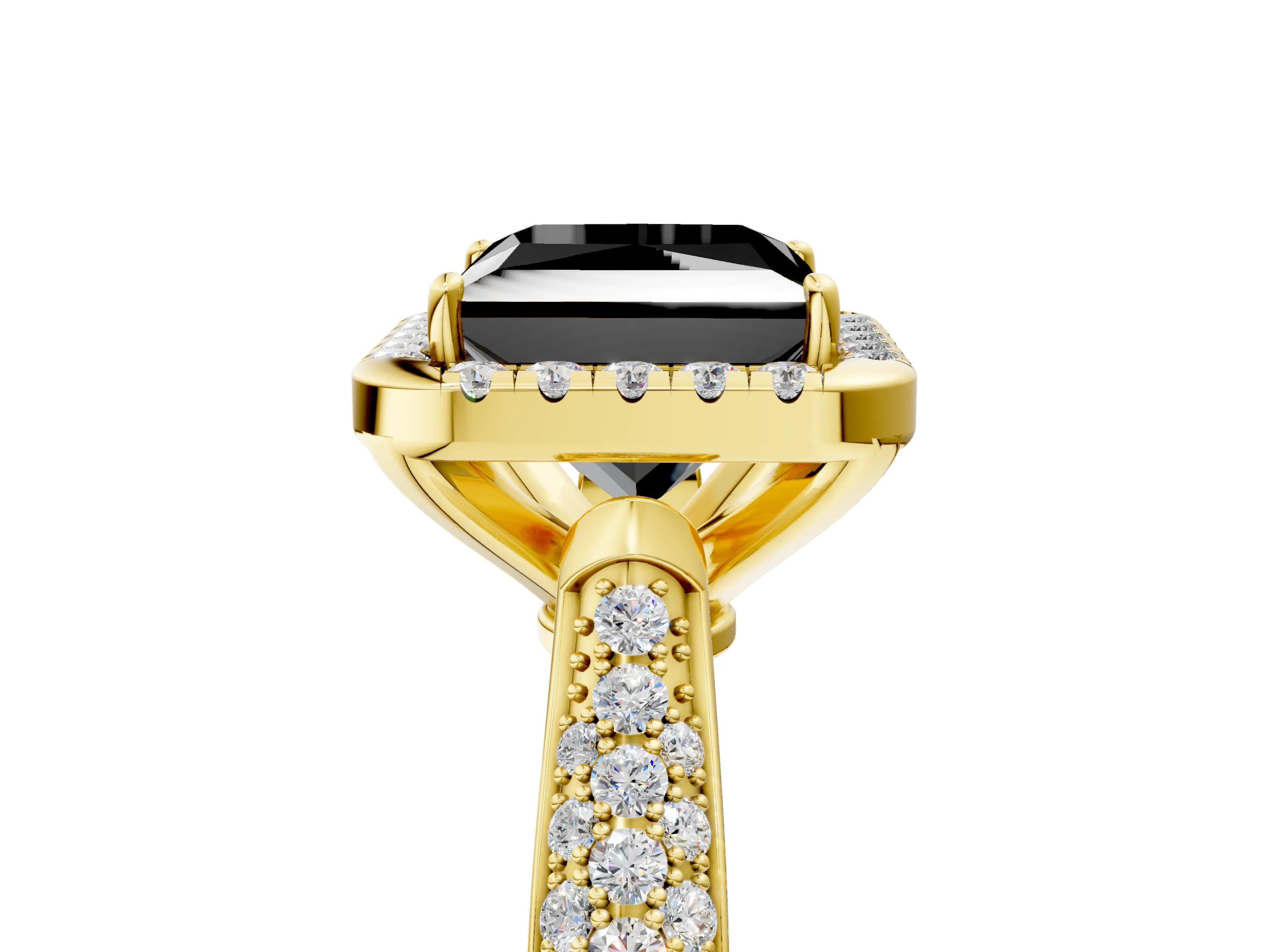 Yellow gold Fancy Black Princess Cut Halo Diamond Ring with Pavé Band_5