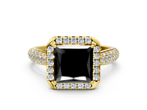 Yellow gold Fancy Black Princess Cut Halo Diamond Ring with Pavé Band