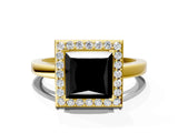 Yellow gold Fancy Black Princess Cut Halo Diamond Ring with Solitaire Band and Prong Setting