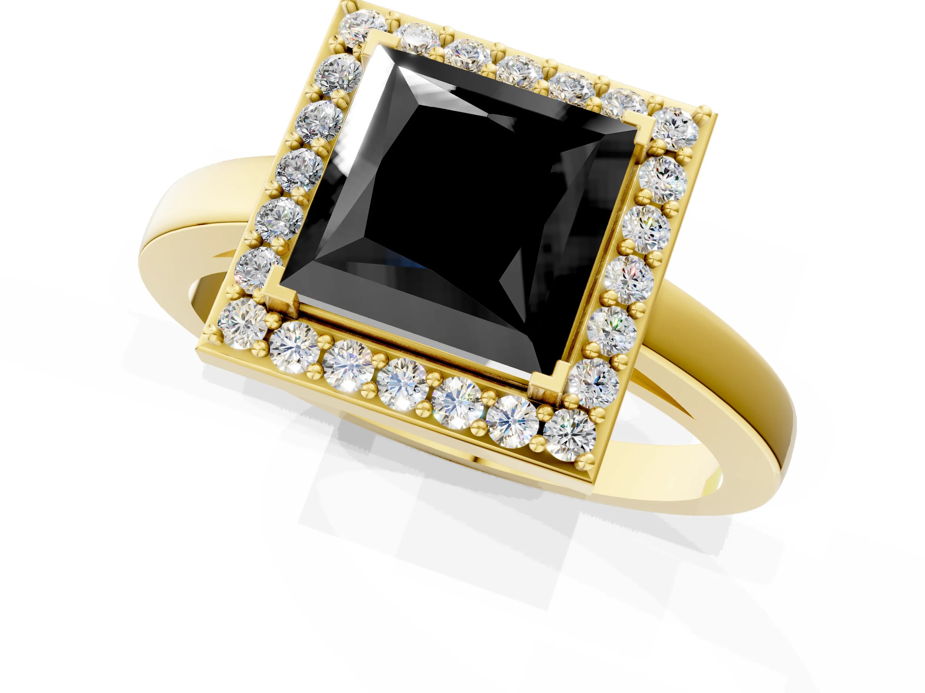Yellow gold Fancy Black Princess Cut Halo Diamond Ring with Solitaire Band and Prong Setting_1