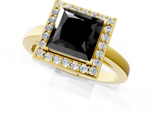 Yellow gold Fancy Black Princess Cut Halo Diamond Ring with Solitaire Band and Prong Setting_1