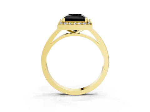 Yellow gold Fancy Black Princess Cut Halo Diamond Ring with Solitaire Band and Prong Setting_3