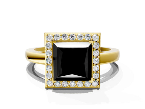 Yellow gold Fancy Black Princess Cut Halo Diamond Ring with Solitaire Band and Prong Setting